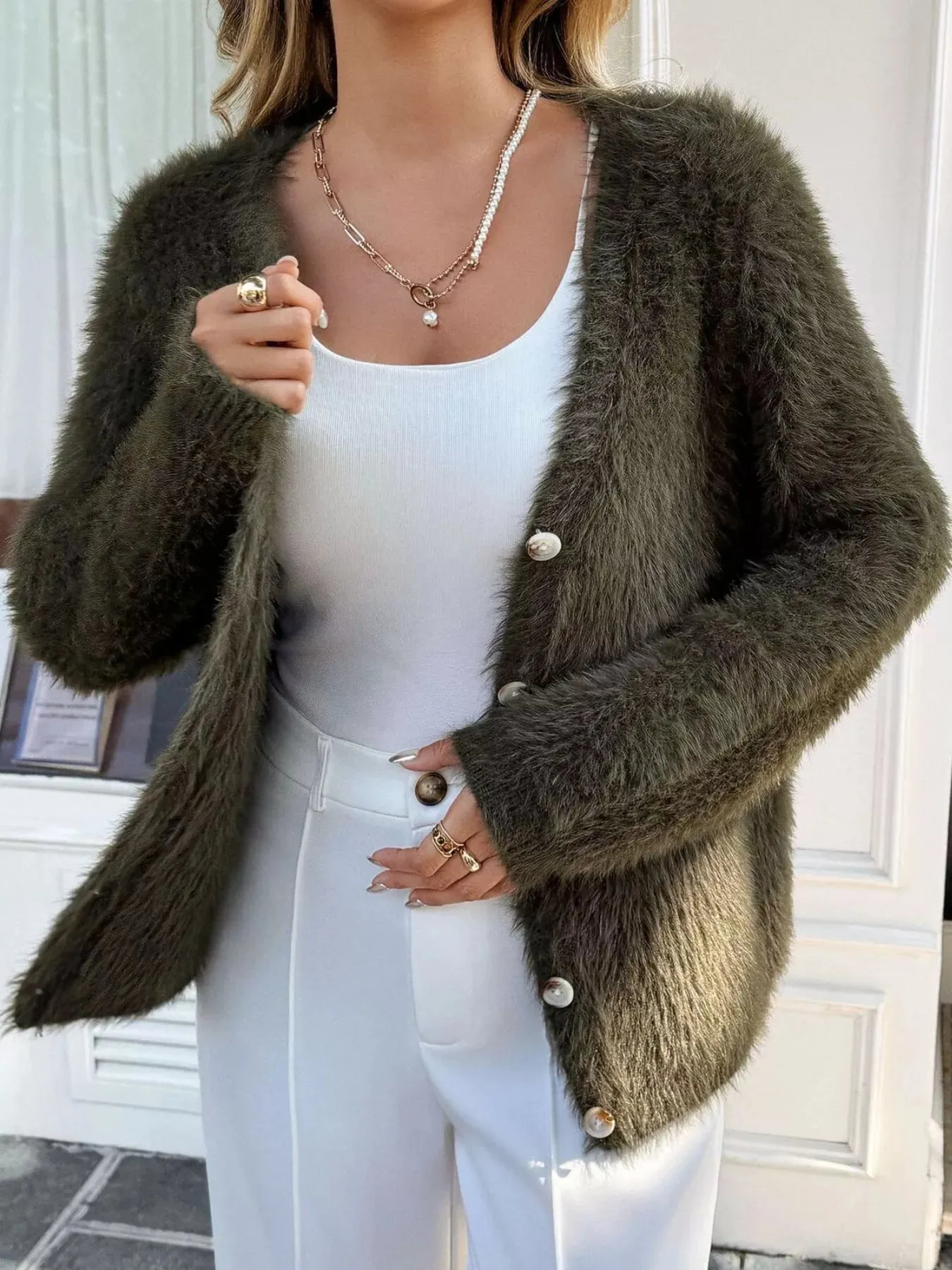 Fuzzy Knit Button-Up Cardigan sold by Charming Charlie product image thumbnail 3