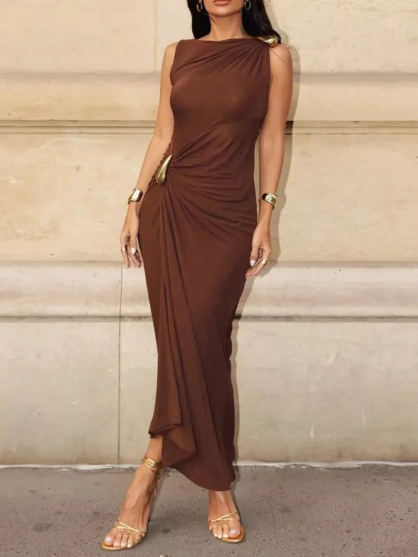 Draped Sleeveless Bodycon Maxi Dress with Metal Decorative sold by Charming Charlie