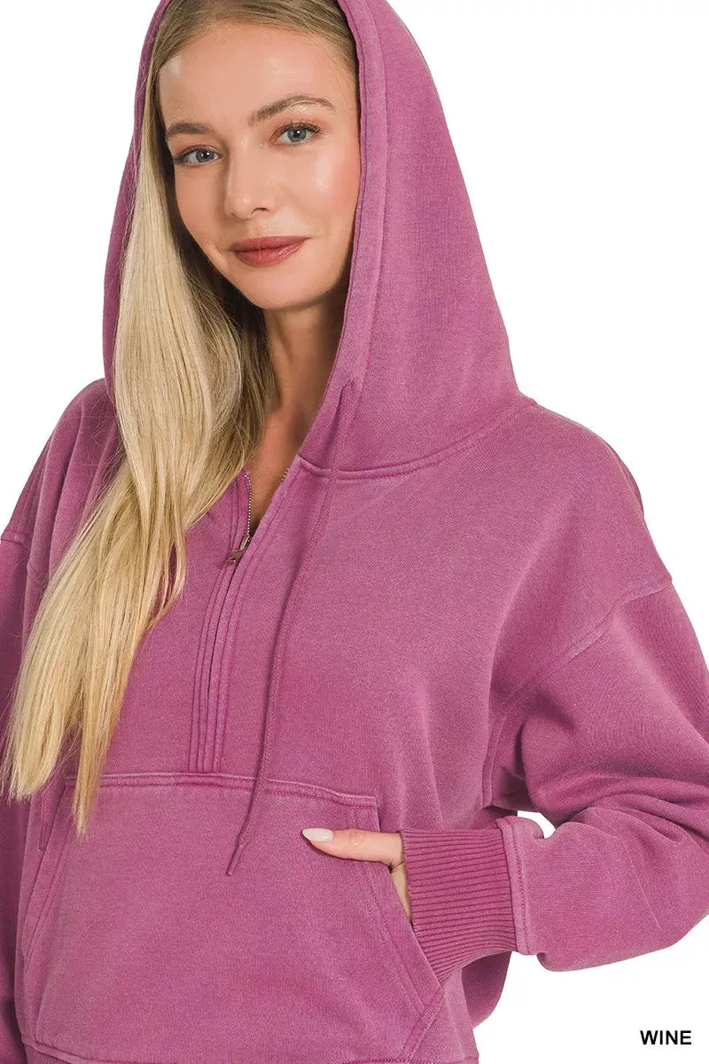 Zenana Fleece Pigment Dye Half Zip Kangaroo Pocket Hoodie sold by Charming Charlie product image thumbnail 4