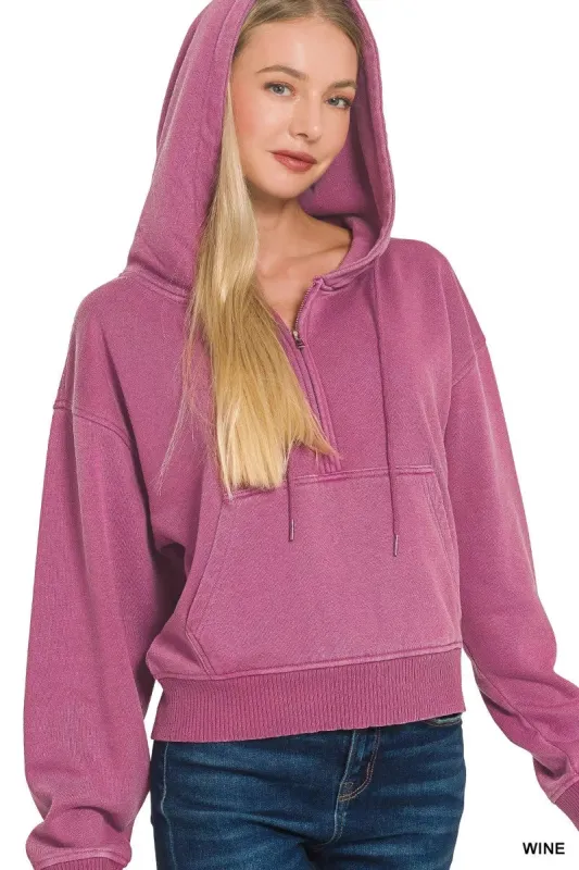 Zenana Fleece Pigment Dye Half Zip Kangaroo Pocket Hoodie sold by Charming Charlie