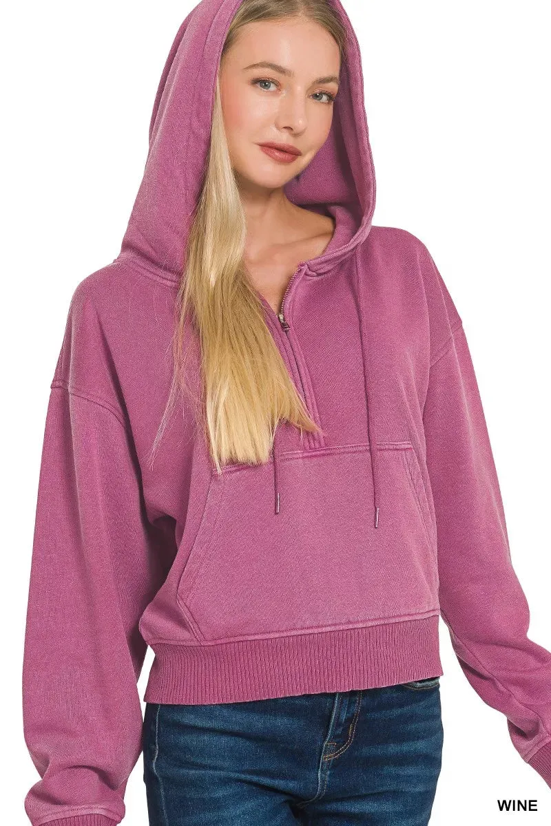 Zenana Fleece Pigment Dye Half Zip Kangaroo Pocket Hoodie sold by Charming Charlie