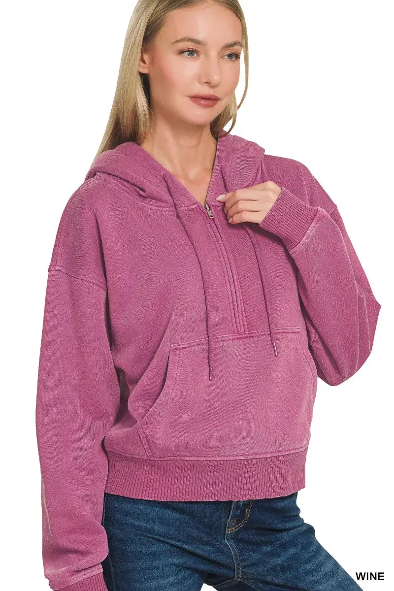 Zenana Fleece Pigment Dye Half Zip Kangaroo Pocket Hoodie sold by Charming Charlie product image thumbnail 2