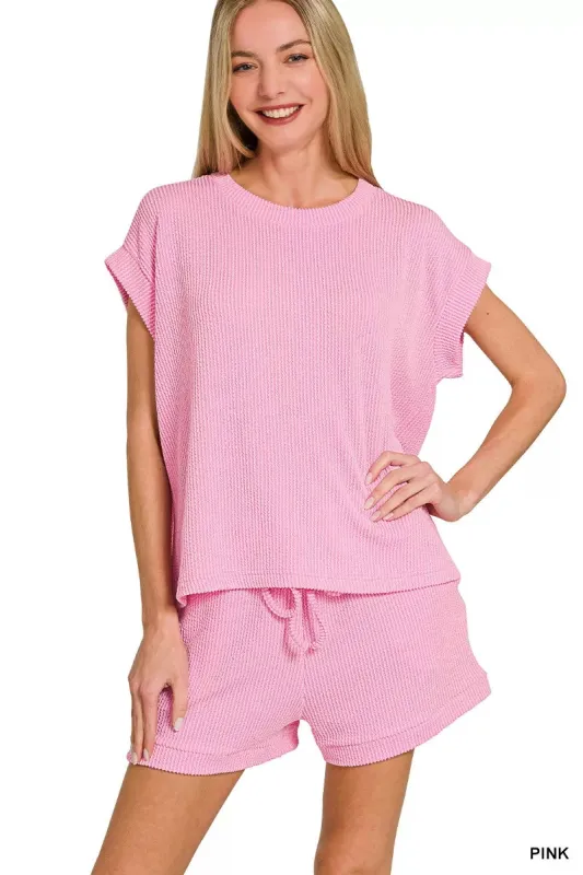 Zenana Raised Rib Cap Sleeve Top & Shorts Set sold by Charming Charlie