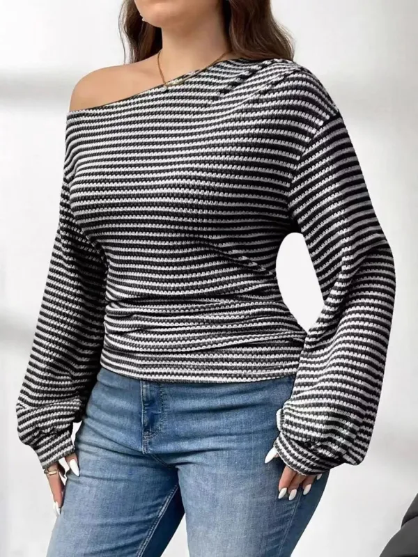 Plus Size Striped One-Shoulder Long Sleeve T-Shirt sold by Charming Charlie