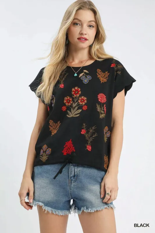 Umgee Embroidered Scallop Sleeve Top with Drawstring Hem made by Trendsi