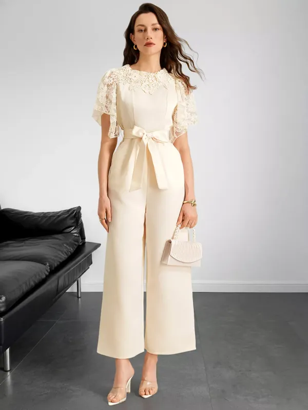 Lace Trim Belted Wide Leg Jumpsuit sold by Charming Charlie