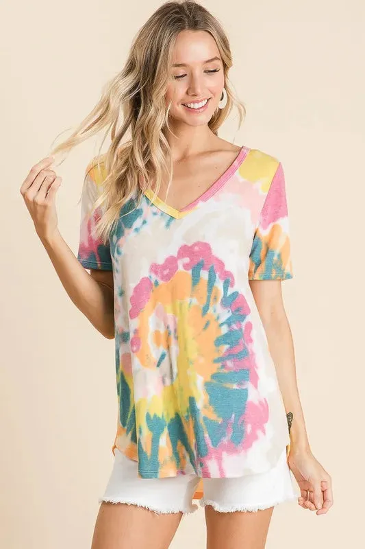 BiBi Circular Tie Dye Print V Neck Top sold by Charming Charlie