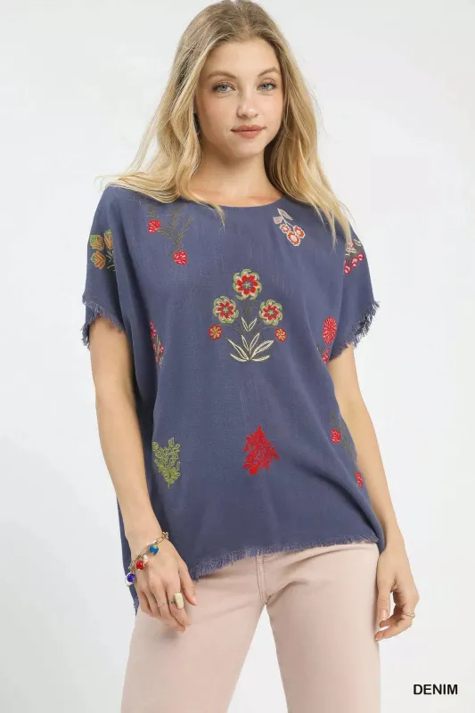 Umgee Linen Blend Embroidered Frayed Hem Top sold by Charming Charlie