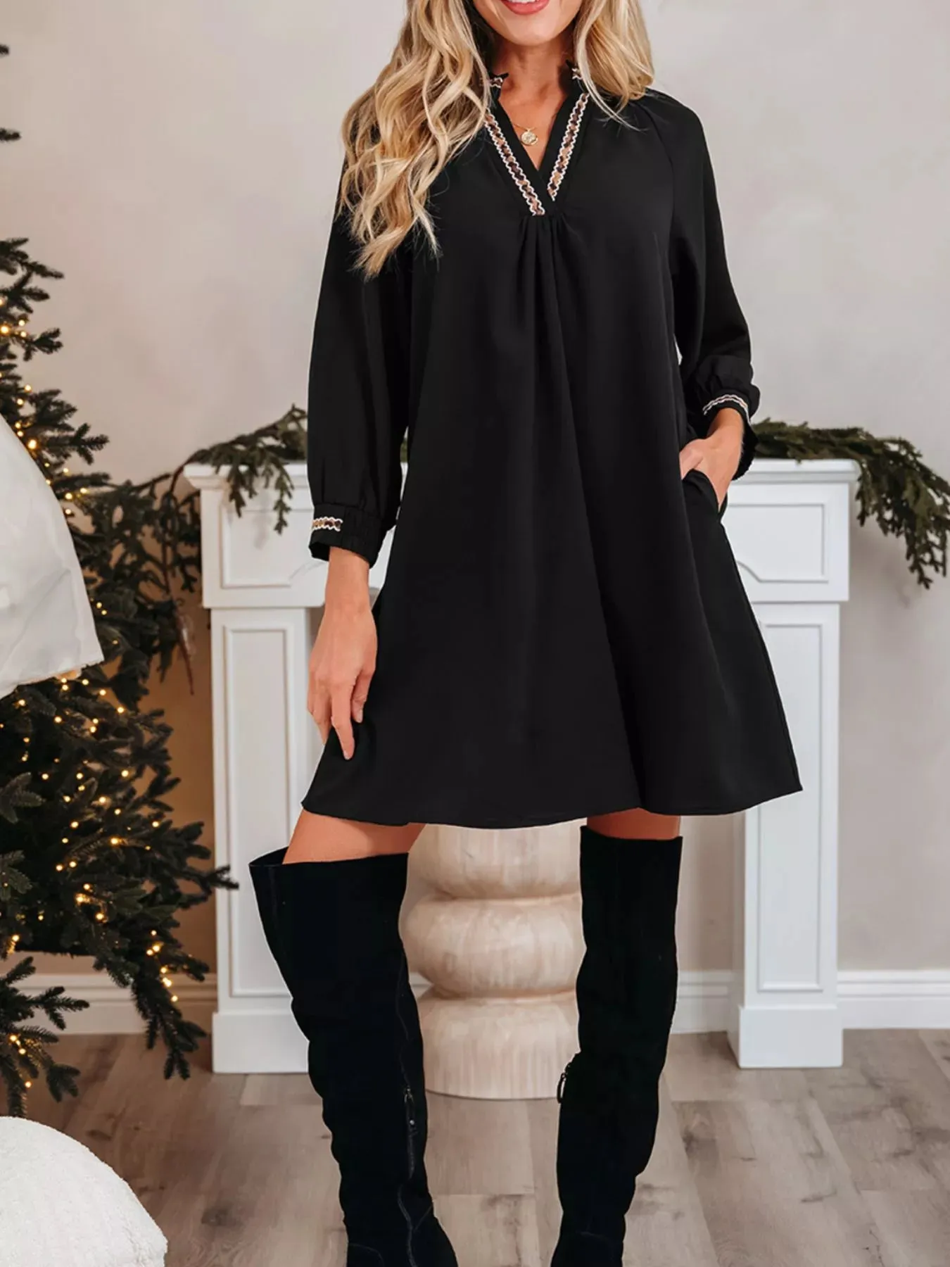 Contrast Trim Bracelet Sleeve Shift Mini Dress sold by Charming Charlie