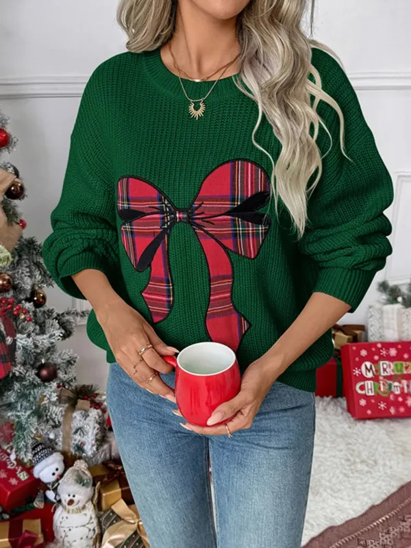 Plaid Bow Round Neck Christmas Sweater sold by Charming Charlie