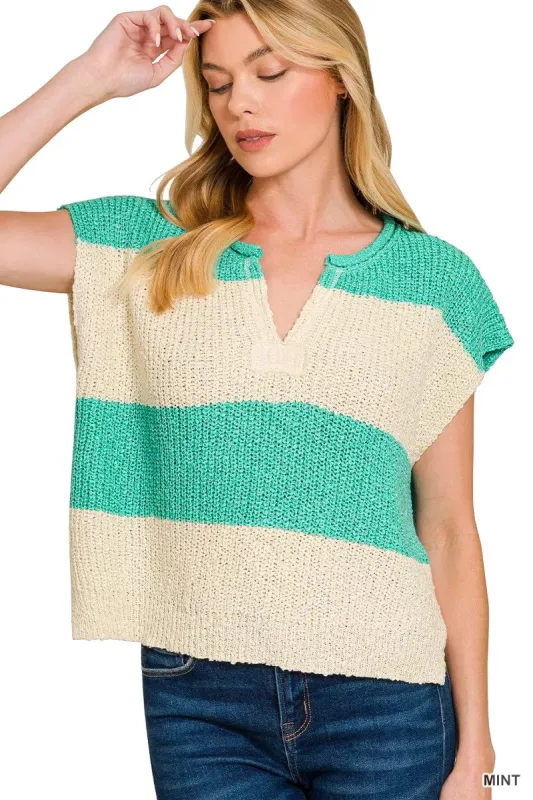 Zenana Split Neck Sleeveless Stripe Sweater sold by Charming Charlie