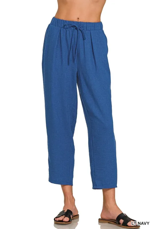 Zenana Woven Crepe Elastic Band Waist Pants sold by Charming Charlie