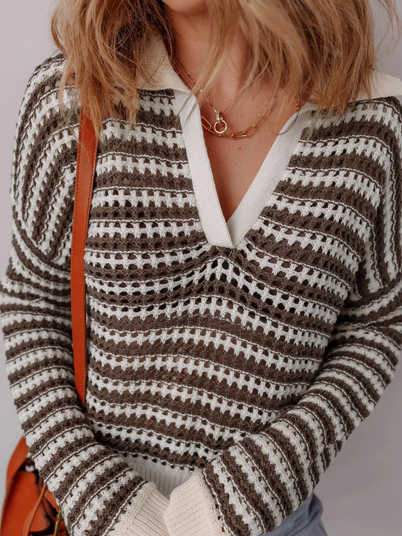 Stripe Eyelet Hollow-out Contrast Collared Pullover Chic Sweater sold by Charming Charlie product image thumbnail 3