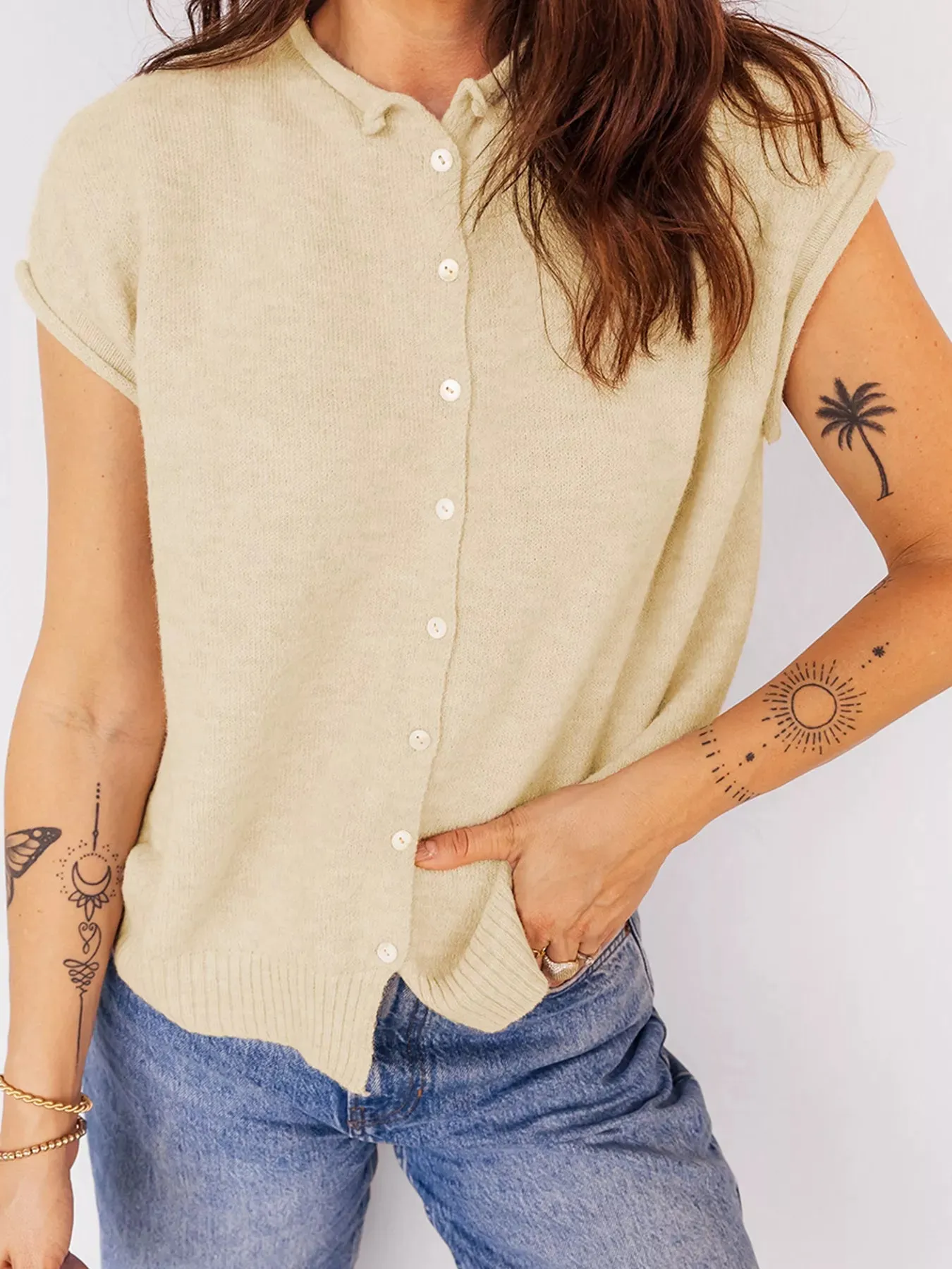 Buttoned Front Rolled Hem Cap Sleeve Sweater Top sold by Charming Charlie product image thumbnail 5