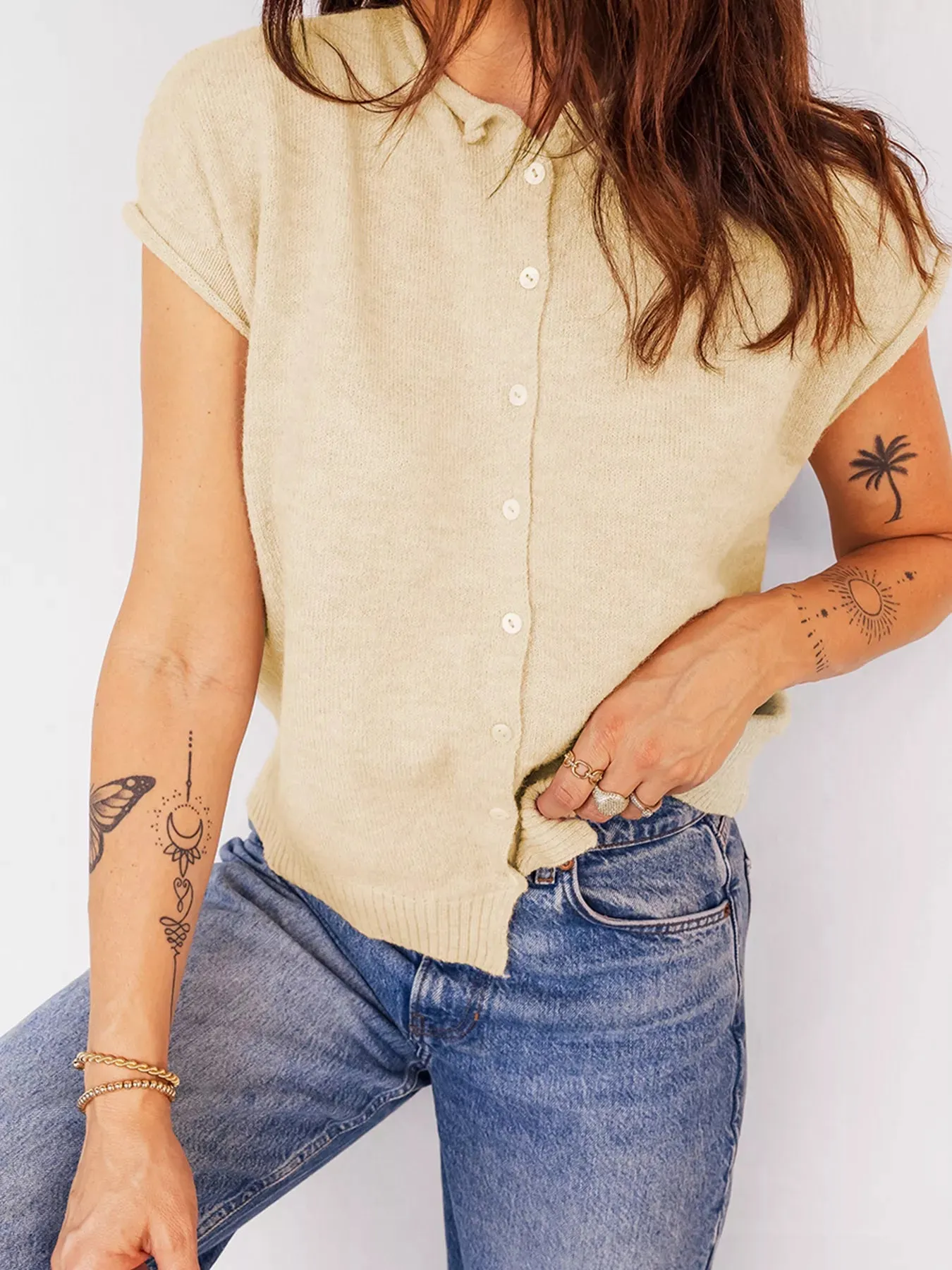 Buttoned Front Rolled Hem Cap Sleeve Sweater Top sold by Charming Charlie product image thumbnail 3