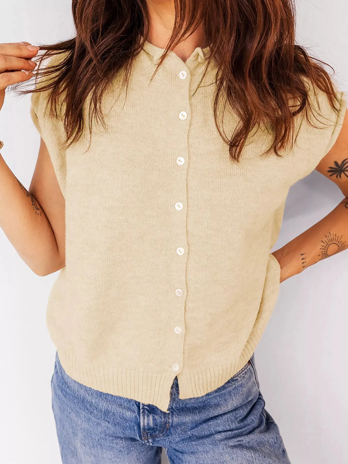 Buttoned Front Rolled Hem Cap Sleeve Sweater Top sold by Charming Charlie product image thumbnail 4