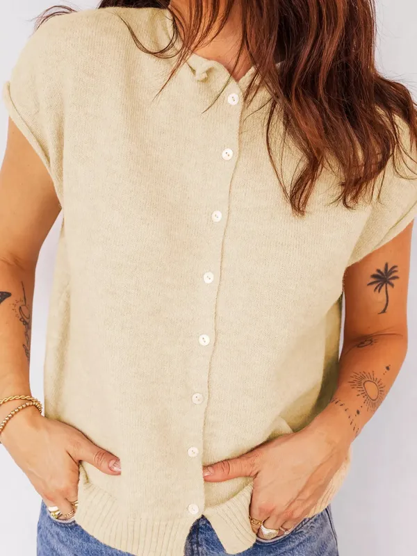 Buttoned Front Rolled Hem Cap Sleeve Sweater Top sold by Charming Charlie