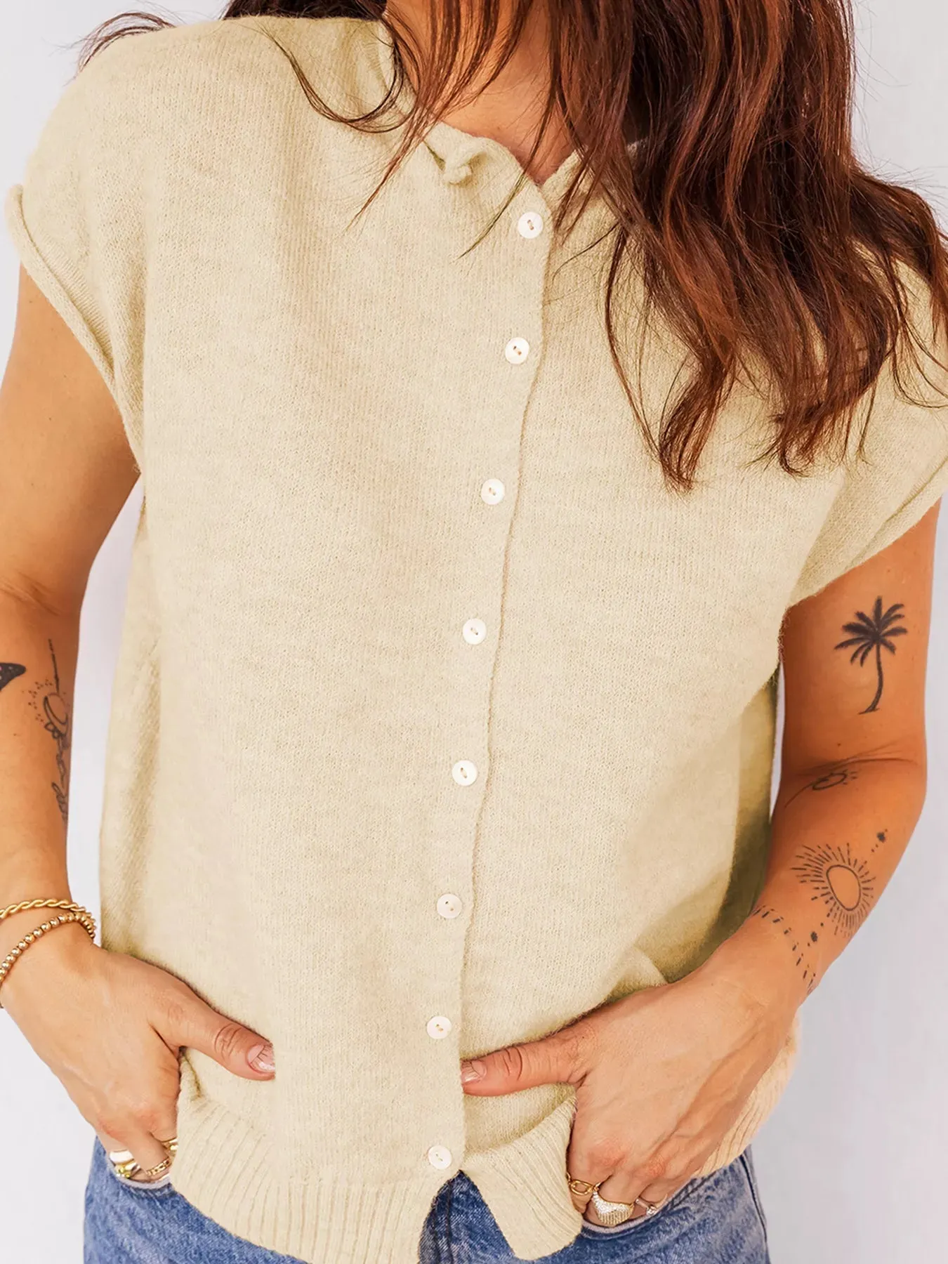 Buttoned Front Rolled Hem Cap Sleeve Sweater Top sold by Charming Charlie