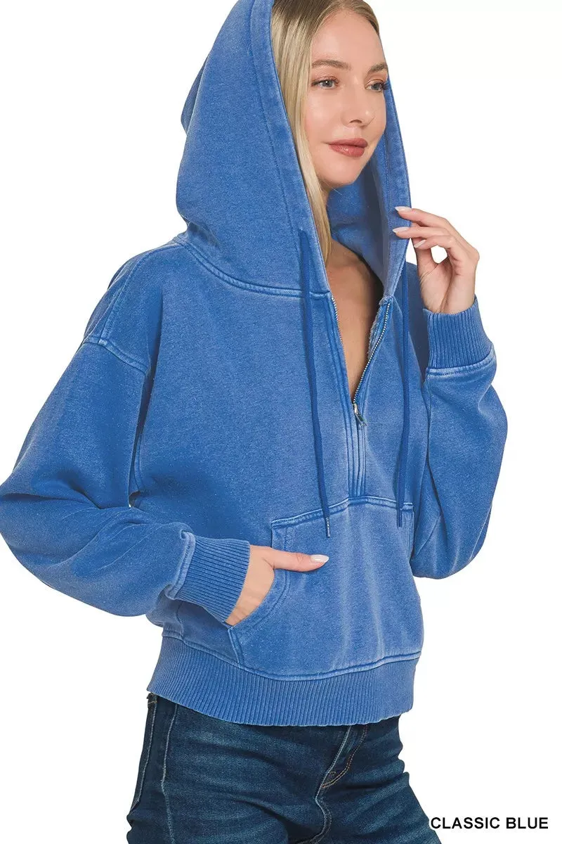 Zenana Fleece Pigment Dye Half Zip Kangaroo Pocket Hoodie sold by Charming Charlie product image thumbnail 4