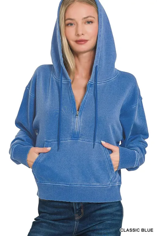 Zenana Fleece Pigment Dye Half Zip Kangaroo Pocket Hoodie sold by Charming Charlie