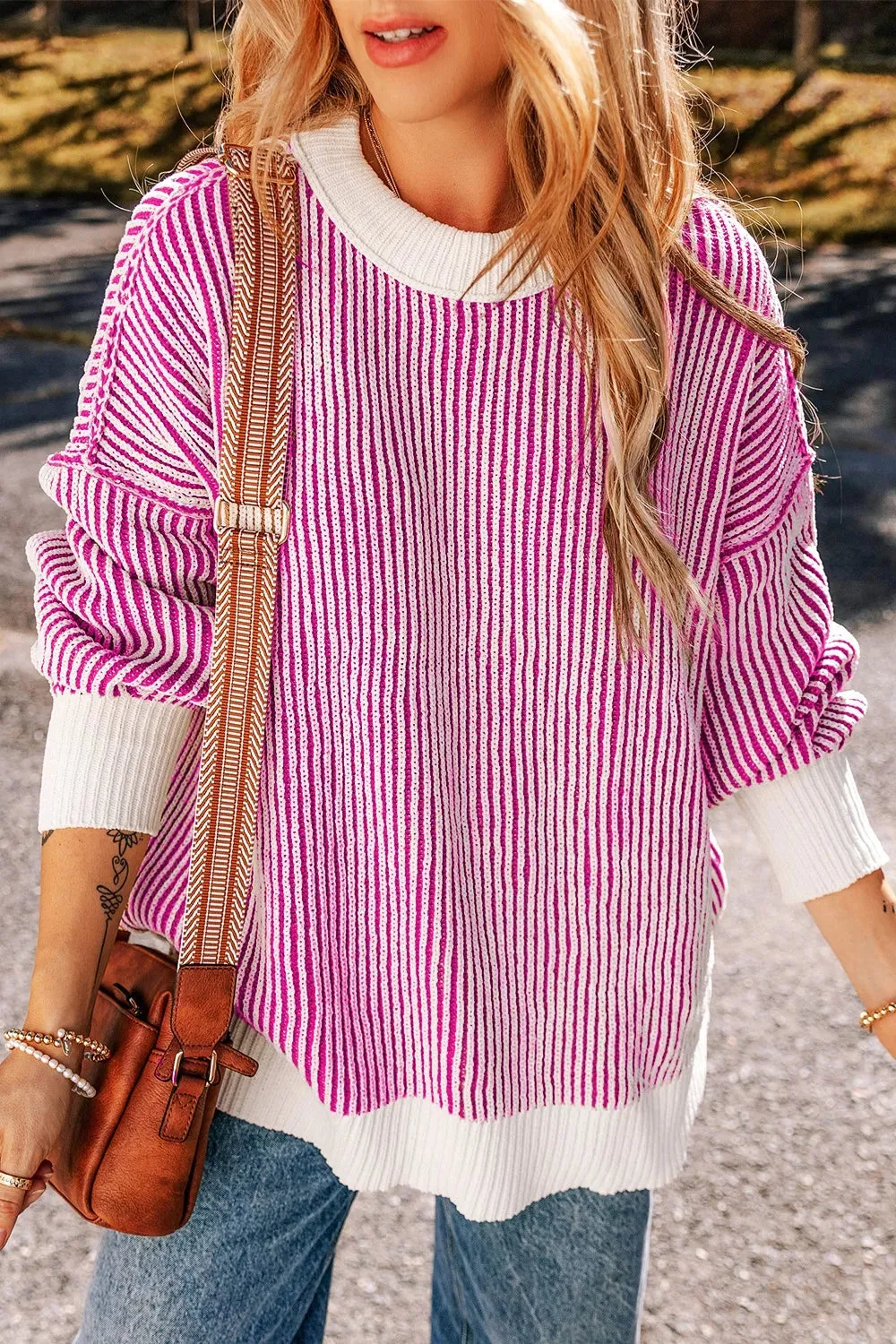 Striped Textured Knit Contrast Edge Loose Sweater sold by Charming Charlie