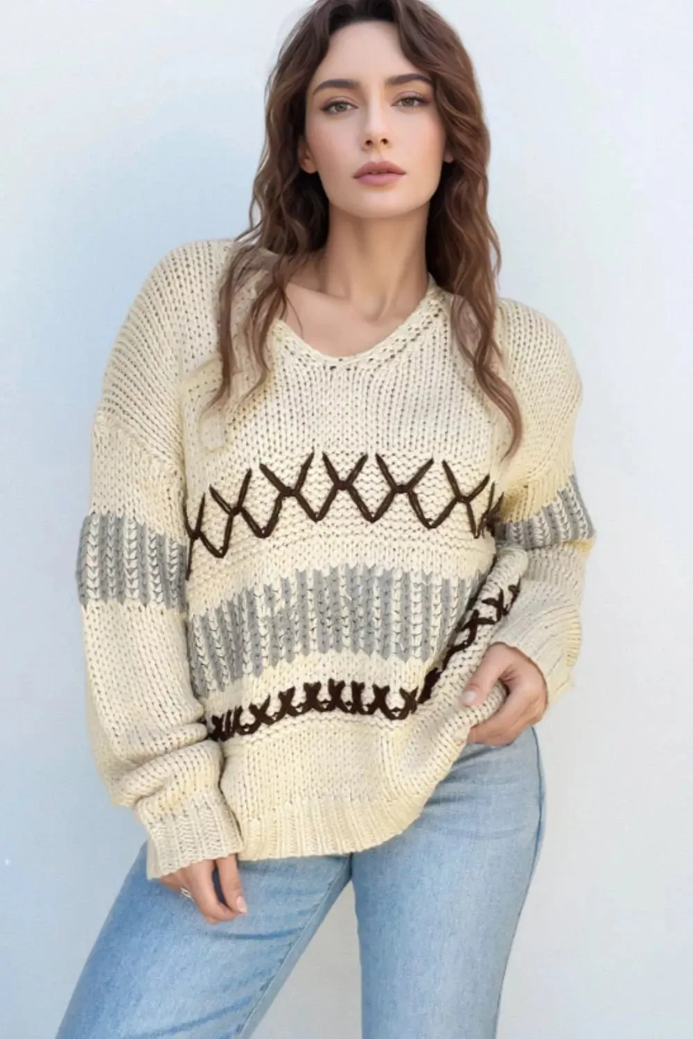 V-Neck Knit Long Sleeve Sweater sold by Charming Charlie