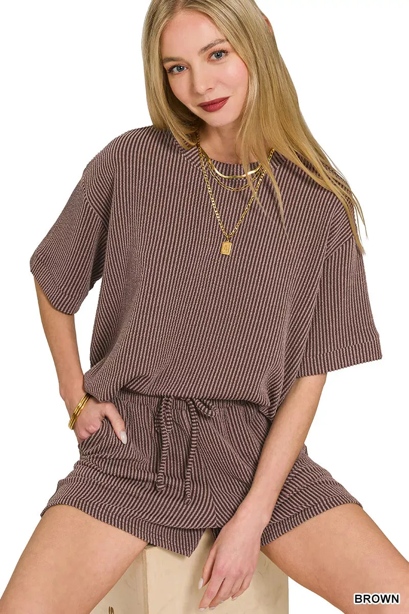 Zenana Raised Rib Short Sleeve Tee and Drawstring Shorts Set sold by Charming Charlie product image thumbnail 4