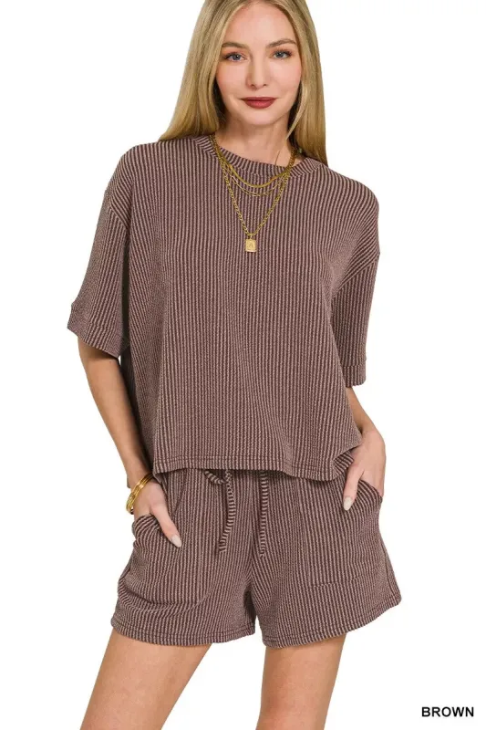 Zenana Raised Rib Short Sleeve Tee and Drawstring Shorts Set sold by Charming Charlie