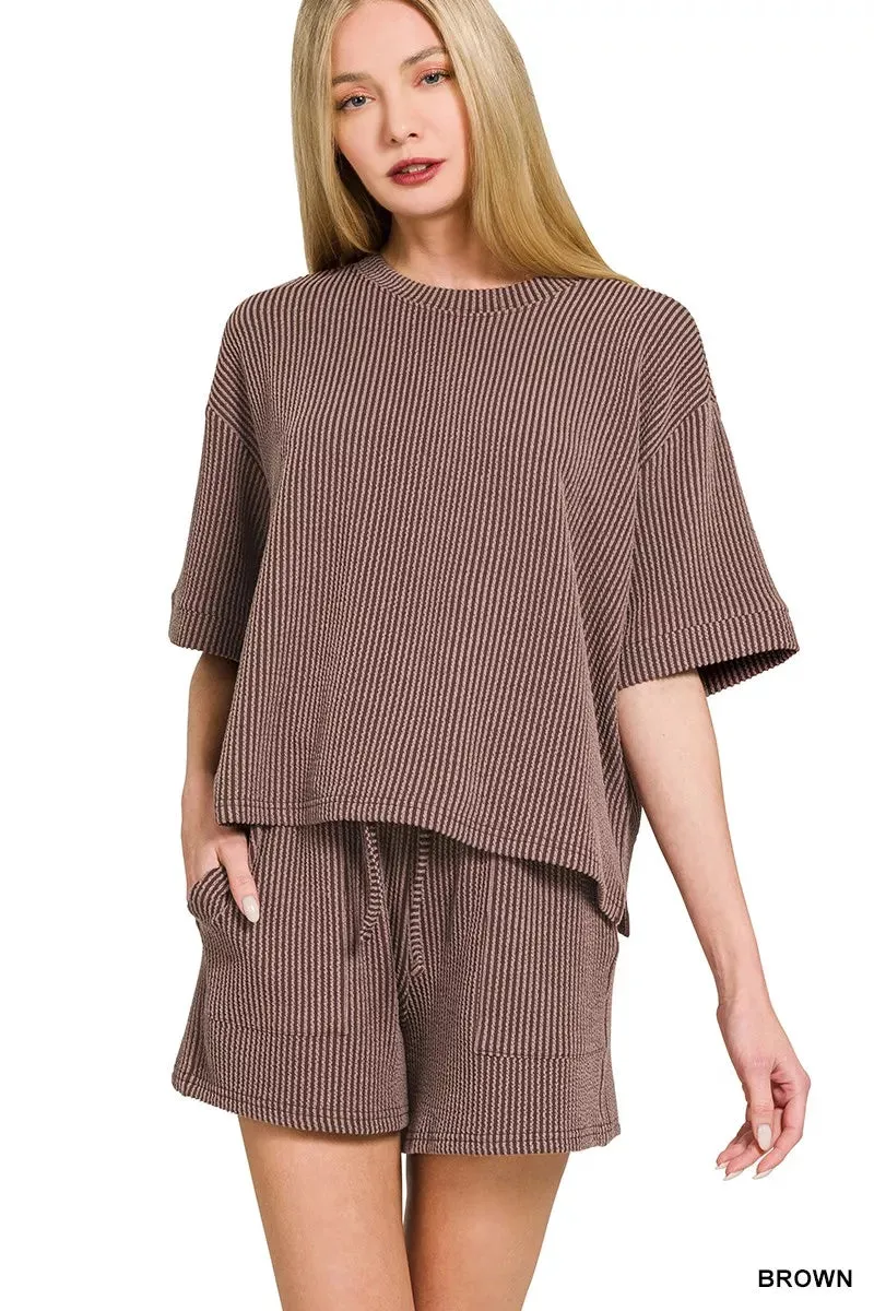 Zenana Raised Rib Short Sleeve Tee and Drawstring Shorts Set sold by Charming Charlie product image thumbnail 2