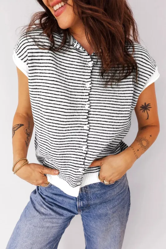 Stripe Contrast Trim Cap Sleeve Button Down Casual Sweater Vest sold by Charming Charlie