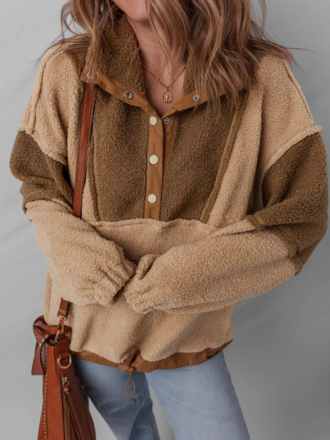 Color Block Patchwork Half Button Sherpa Sweatshirt sold by Charming Charlie product image thumbnail 3