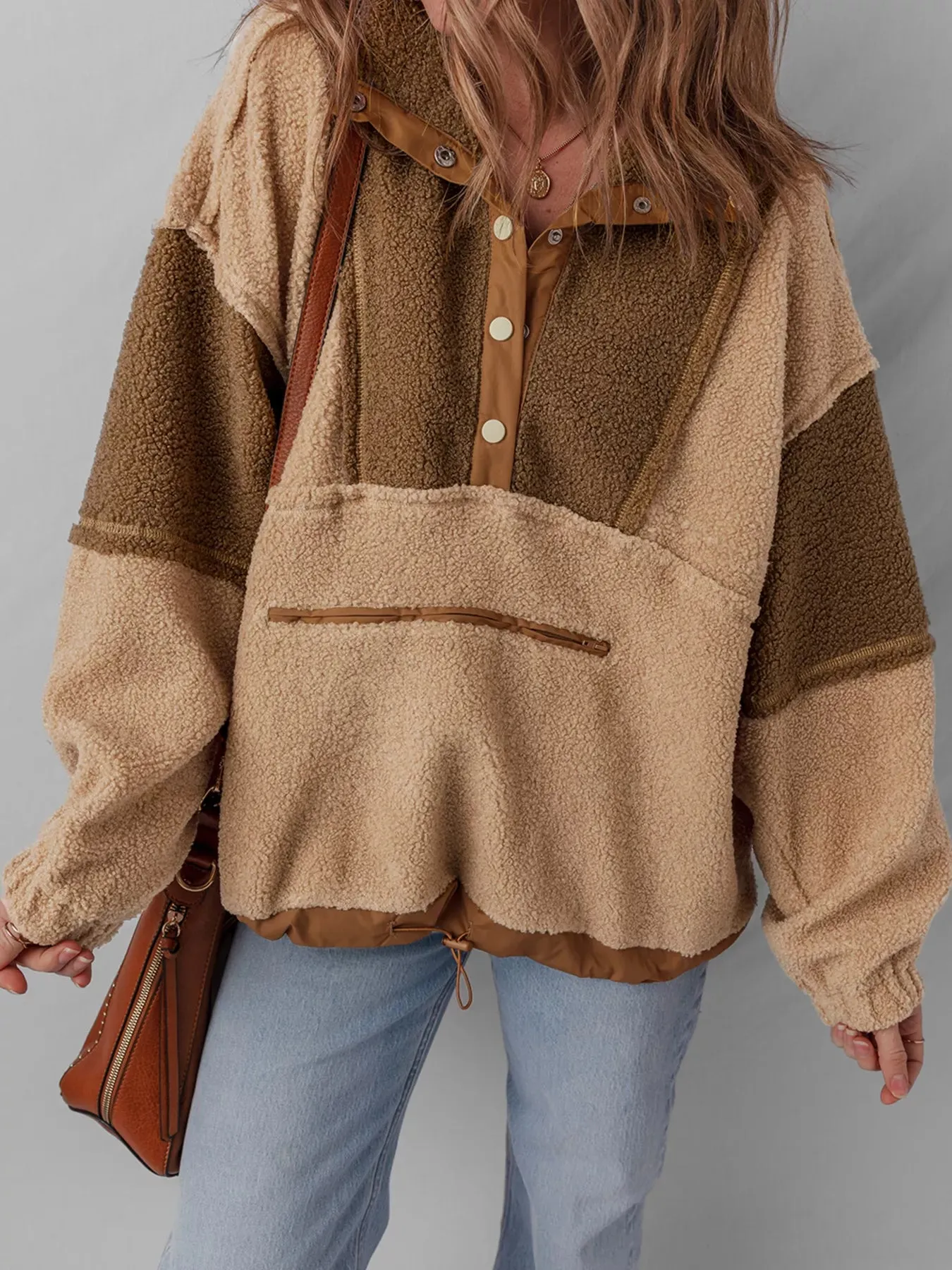 Color Block Patchwork Half Button Sherpa Sweatshirt sold by Charming Charlie product image thumbnail 4