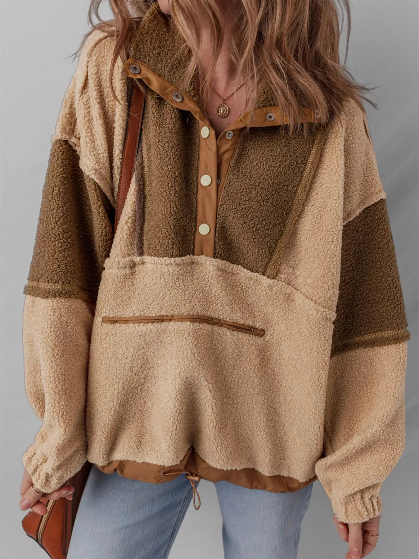 Color Block Patchwork Half Button Sherpa Sweatshirt sold by Charming Charlie