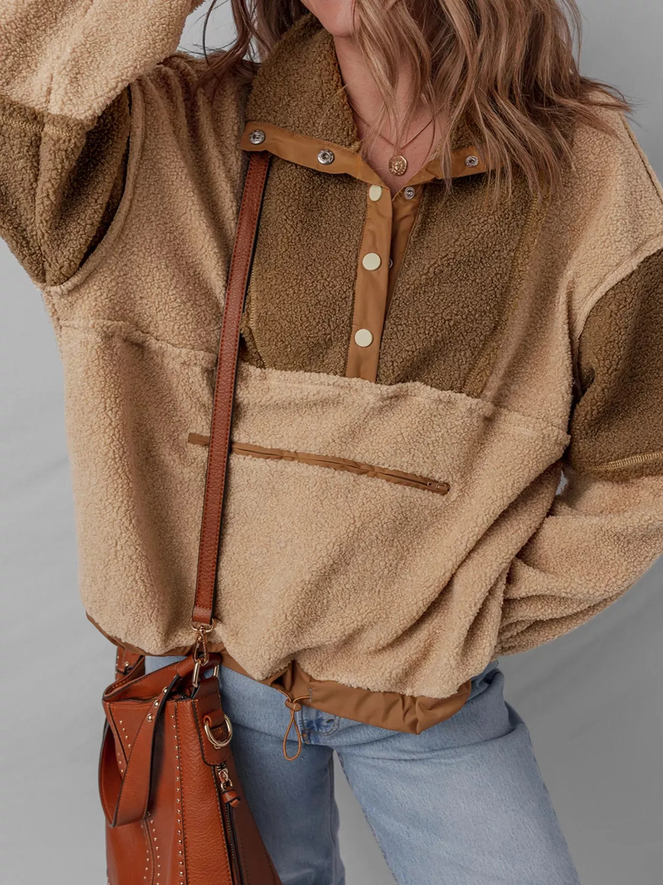 Color Block Patchwork Half Button Sherpa Sweatshirt sold by Charming Charlie product image thumbnail 5