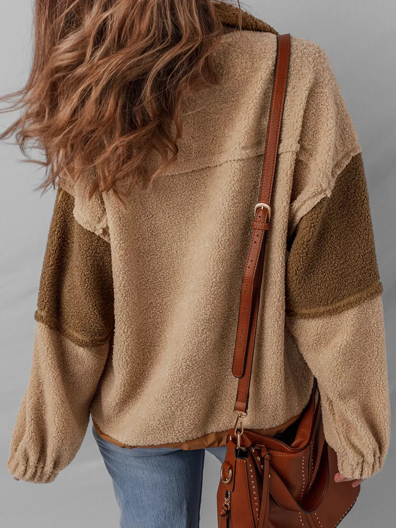 Color Block Patchwork Half Button Sherpa Sweatshirt sold by Charming Charlie product image thumbnail 2