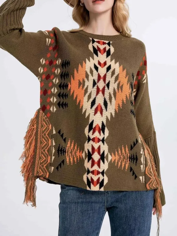 Geometric Pattern Fringe Sweater made by Trendsi