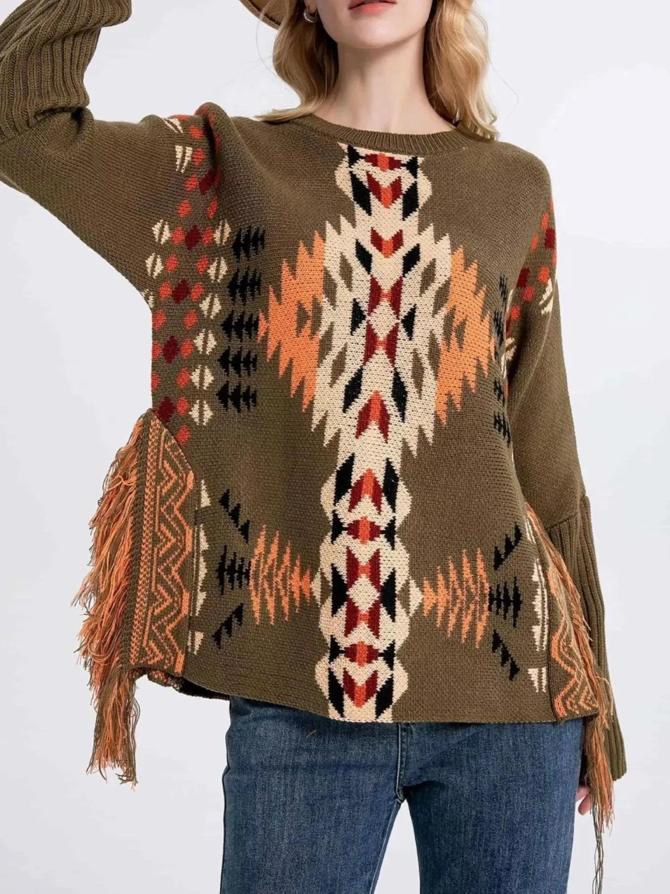 Geometric Pattern Fringe Sweater sold by Charming Charlie
