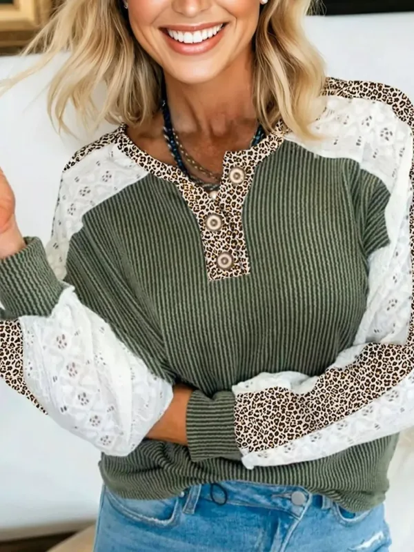 Twisted Ribbed Leopard Lace Contrast Patchwork Long Sleeve Top sold by Charming Charlie
