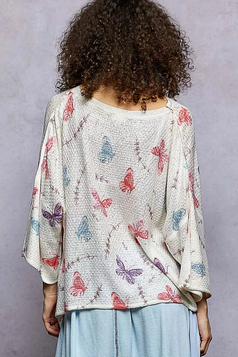 POL Butterflies Pattern Round Neck knit Top with Outseam Rolling Edge sold by Charming Charlie product image thumbnail 4
