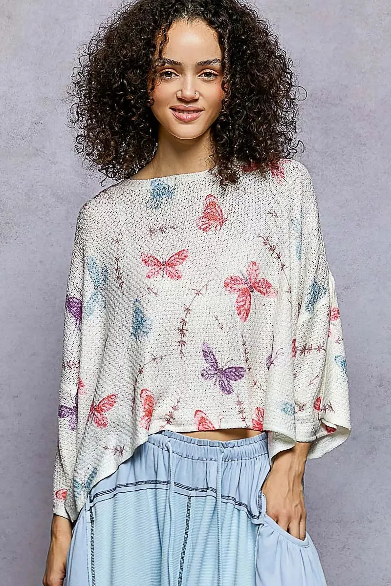 POL Butterflies Pattern Round Neck knit Top with Outseam Rolling Edge sold by Charming Charlie