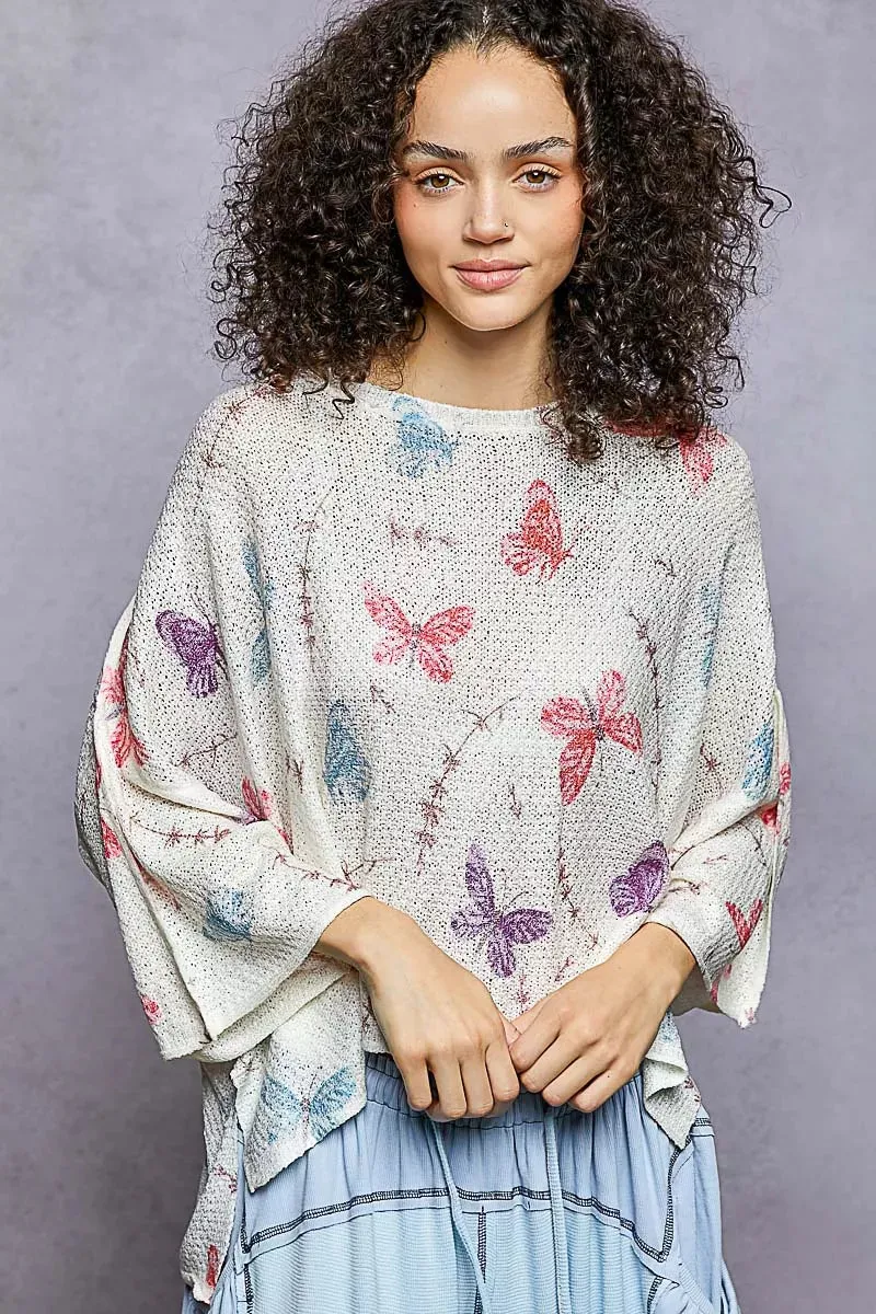 POL Butterflies Pattern Round Neck knit Top with Outseam Rolling Edge sold by Charming Charlie product image thumbnail 2