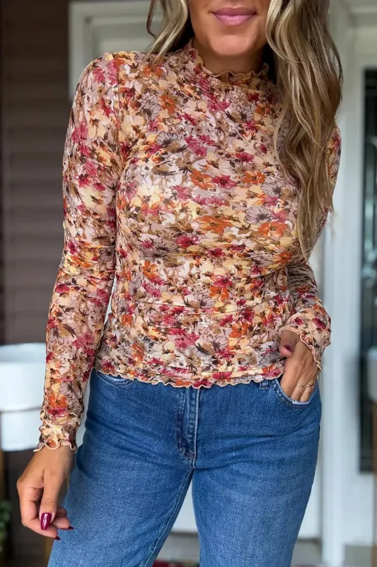 Floral Print Mesh Long Sleeve T-Shirt sold by Charming Charlie