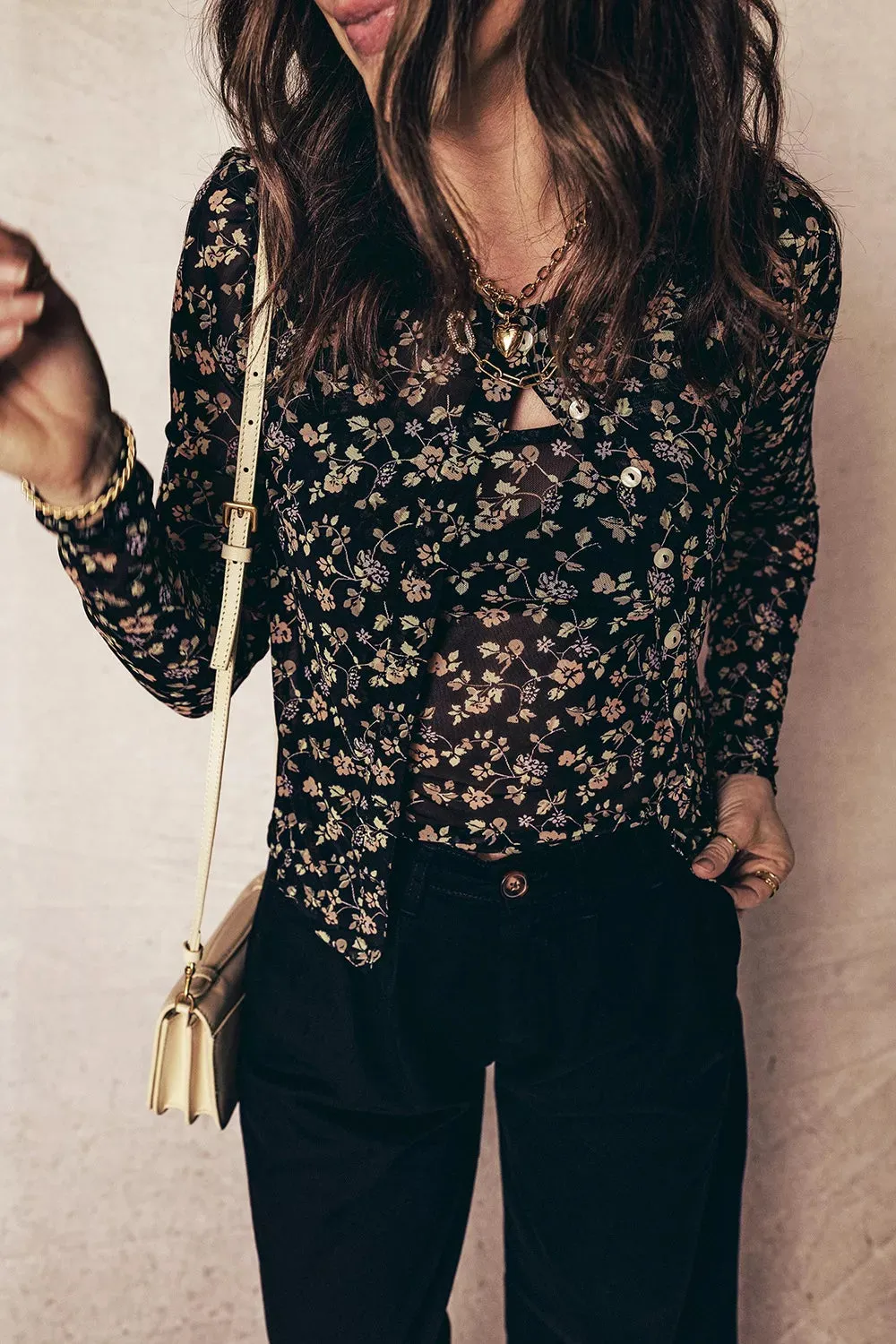 Floral Print Mesh Tank Button Front Slim Cardigan 2pcs Set sold by Charming Charlie product image thumbnail 2