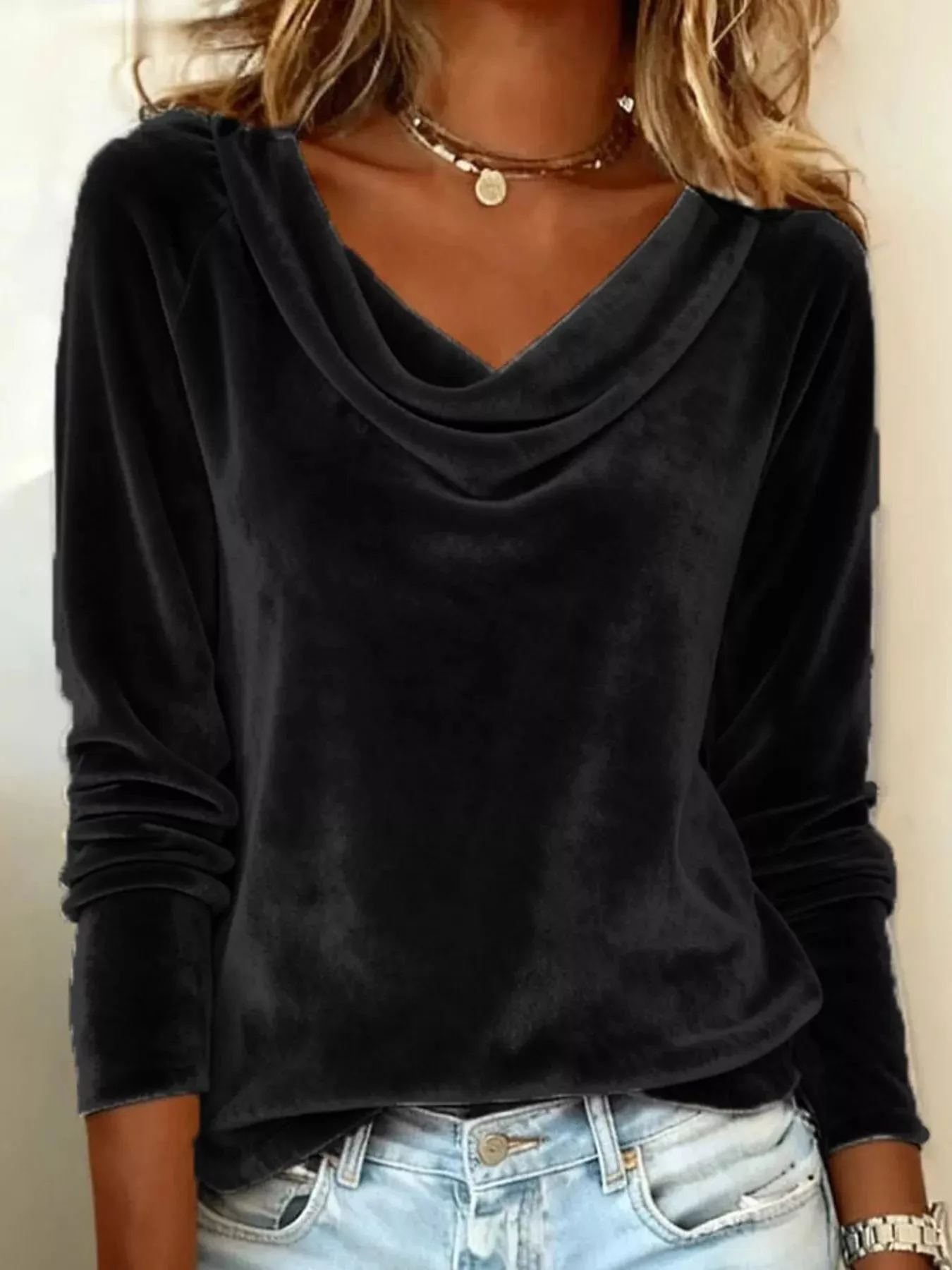 Velvet Cowl Neck Long Sleeve T-Shirt sold by Charming Charlie product image thumbnail 4