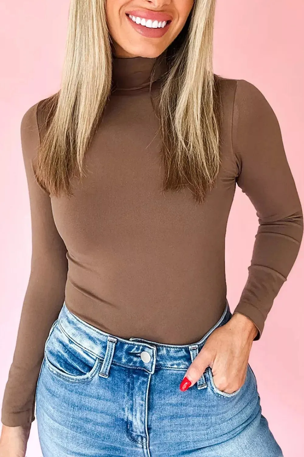 Slim Fit High Neck Long Sleeve Basic Top sold by Charming Charlie