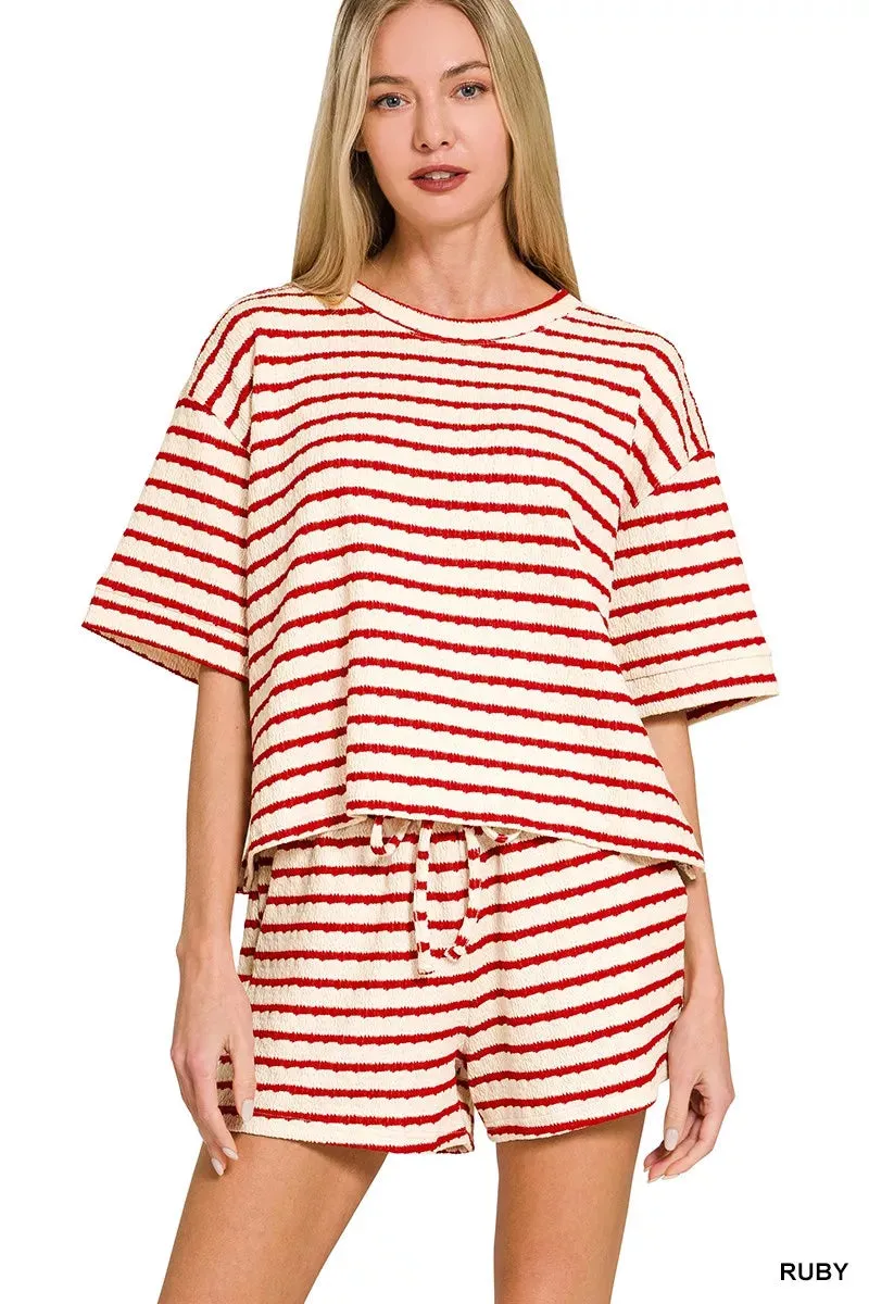Zenana Striped Short Sleeve Tee & Shorts Set sold by Charming Charlie