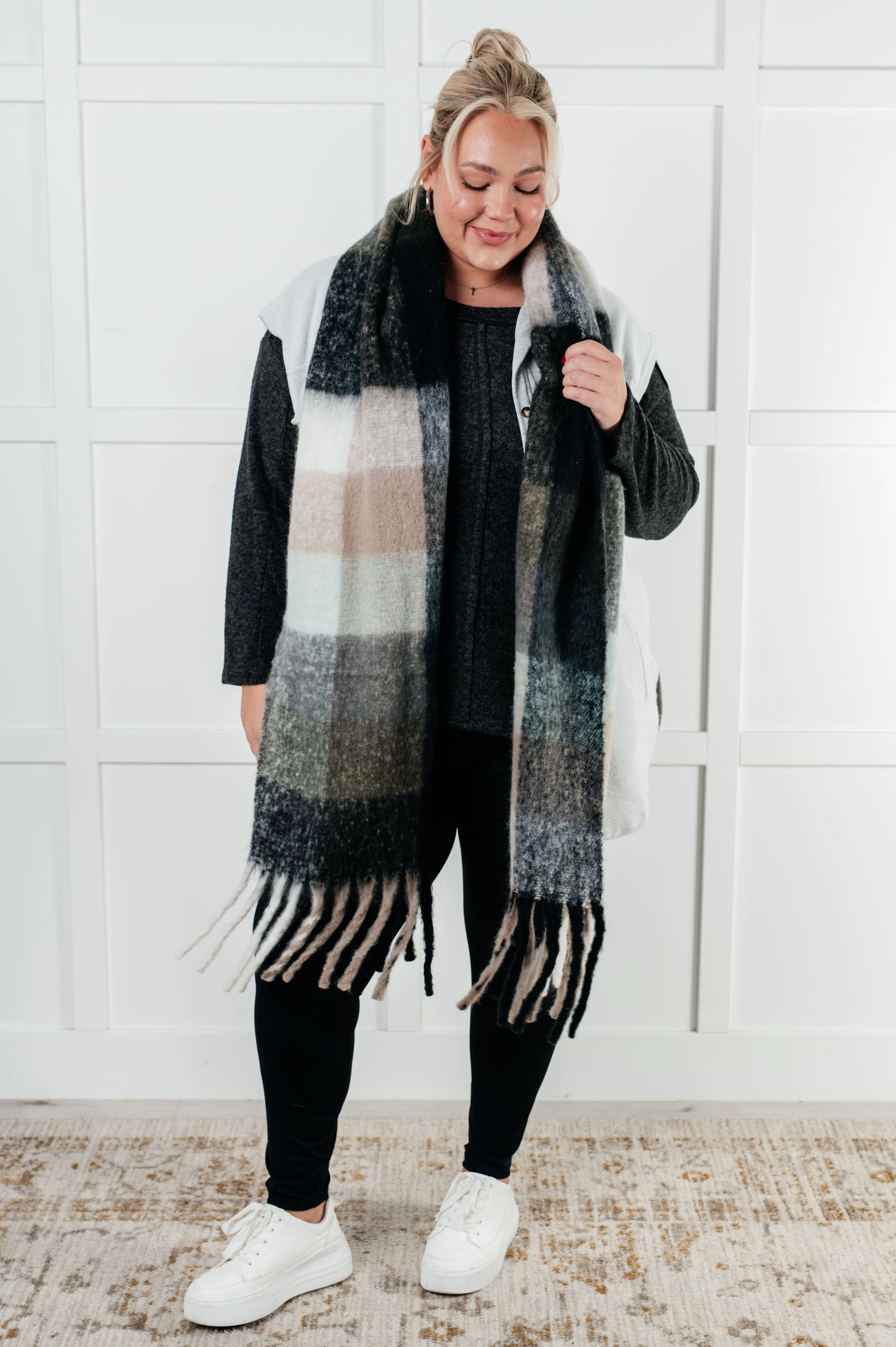 Wanderlust Wrap Oversized Plaid Fringe Scarf in Grey and Jade sold by Charming Charlie product image thumbnail 4