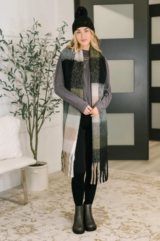 Wanderlust Wrap Oversized Plaid Fringe Scarf in Grey and Jade sold by Charming Charlie
