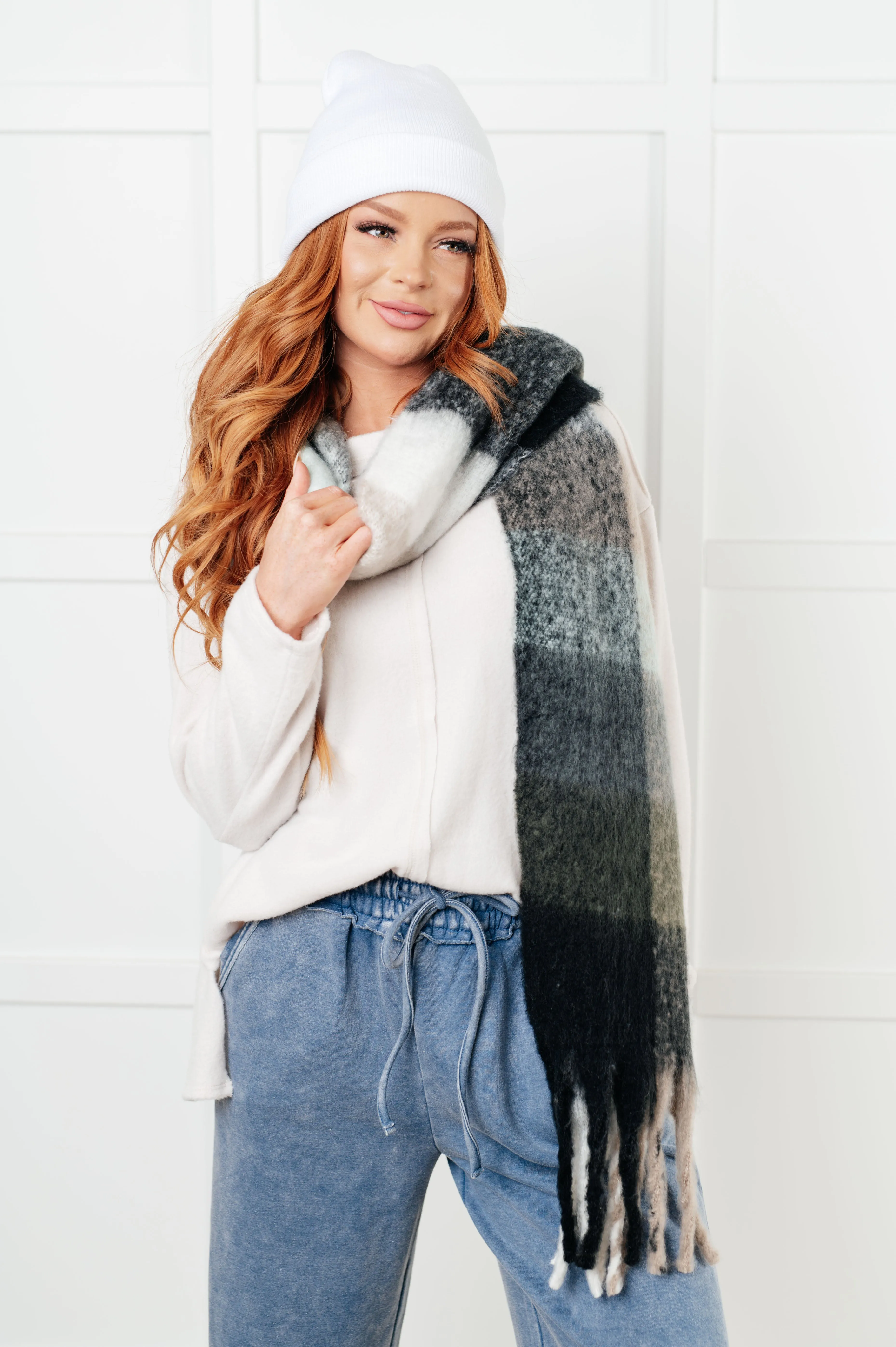 Wanderlust Wrap Oversized Plaid Fringe Scarf in Grey and Jade sold by Charming Charlie product image thumbnail 2