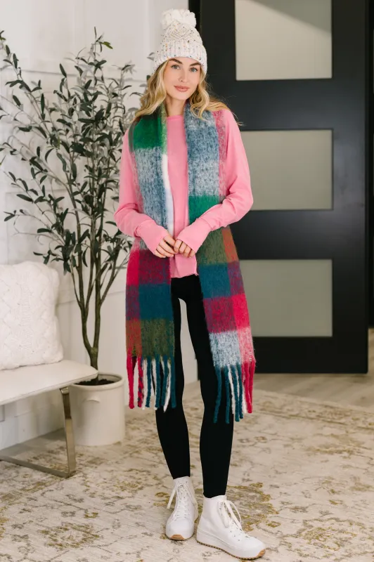 Wanderlust Wrap Oversized Plaid Fringe Scarf in Magenta and Teal sold by Charming Charlie